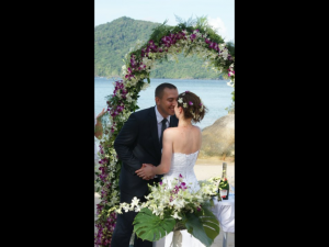 bride and groom on beach
