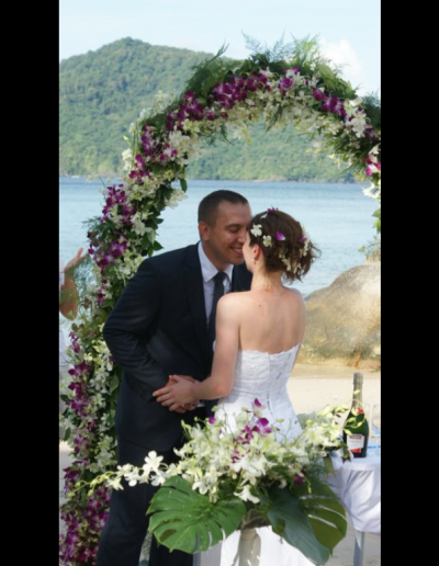 bride and groom on beach
